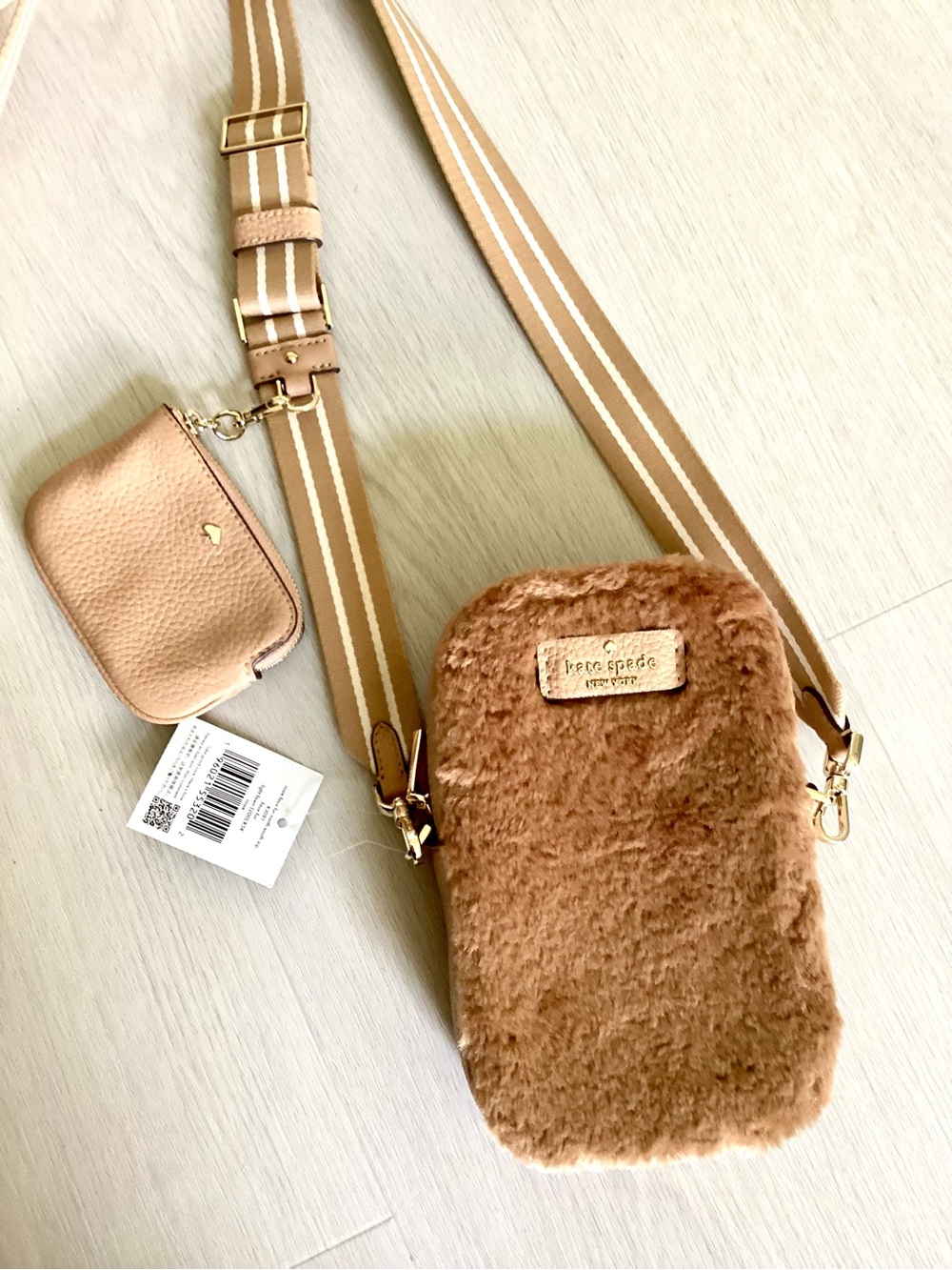 ♠️Kate Spade NWT Rosie Faux Fur Leather North South Crossbody Bag, Light Fawn